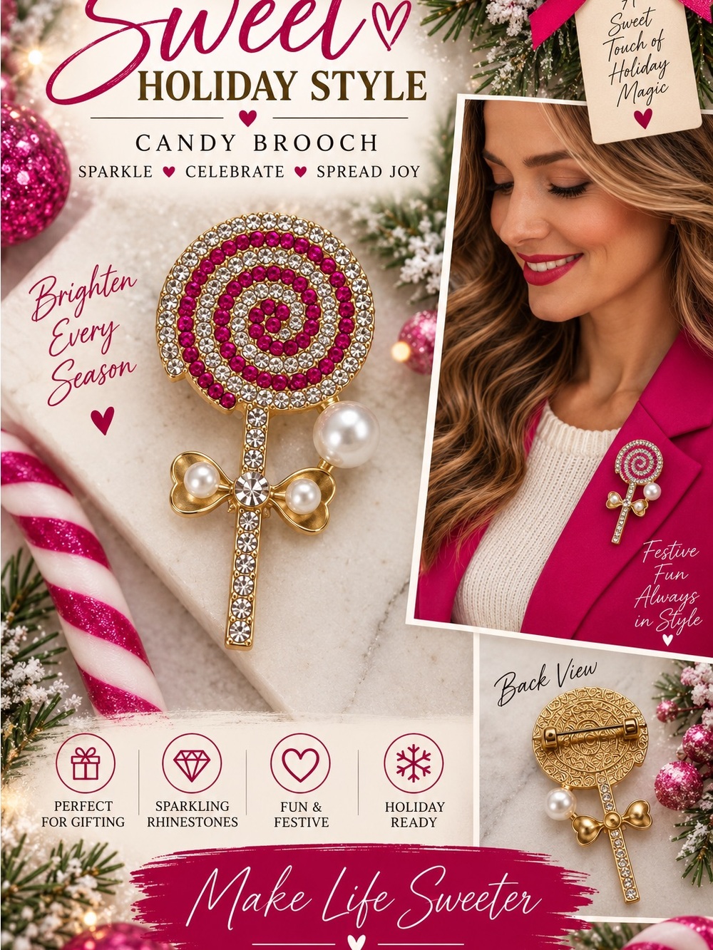 650 Pink & Gold Candy Spiral Brooch Pin — Festive Women’s Accessory